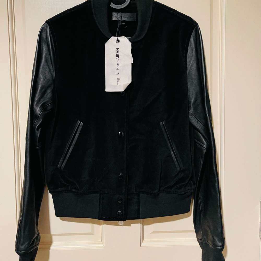 RAG AND BONE Black Velour & Leather Bomber Jacket